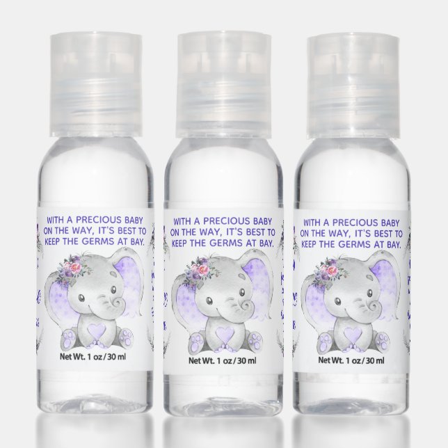 Cute Purple Elephant Baby Shower Hand Sanitizer (Set)
