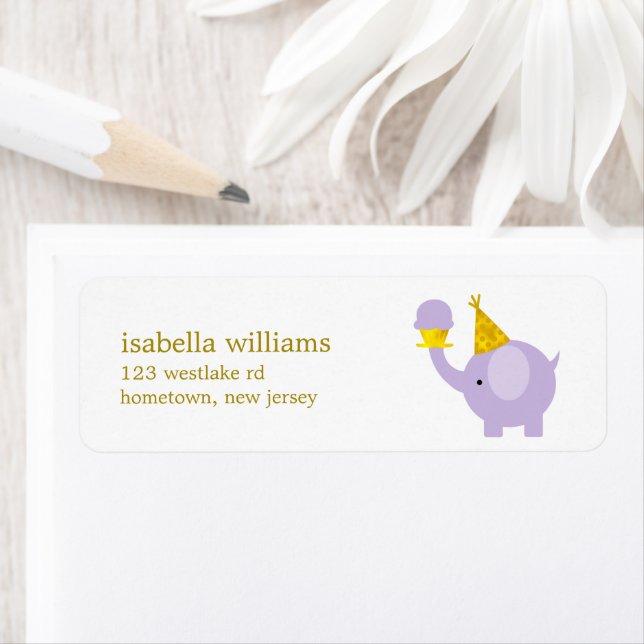 Cute Purple Elephant Birthday Party Label (Insitu)