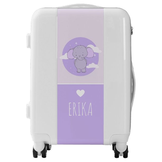Cute Purple Elephant Clouds Heart & Girl Kids Name Luggage (Front)