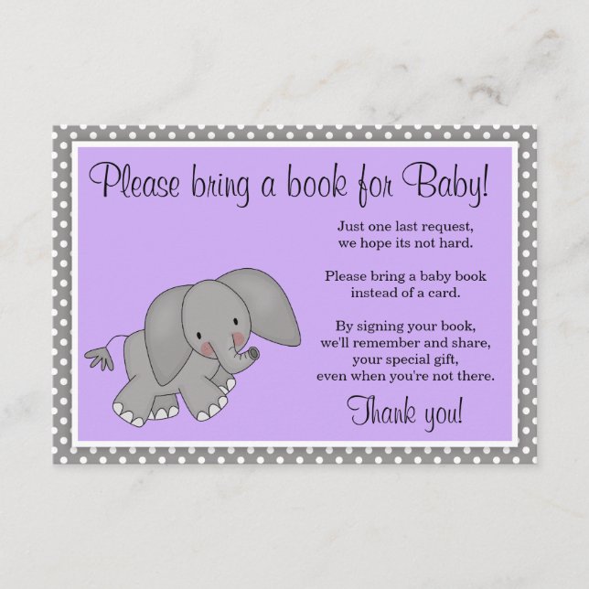 Cute Purple Elephant Girl Baby Shower Book Request Enclosure Card (Front)