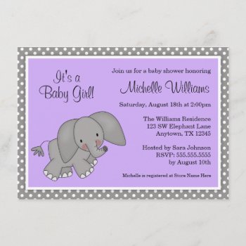 Cute Purple Elephant Girl Baby Shower Invitation by WhimsicalPrintStudio at Zazzle
