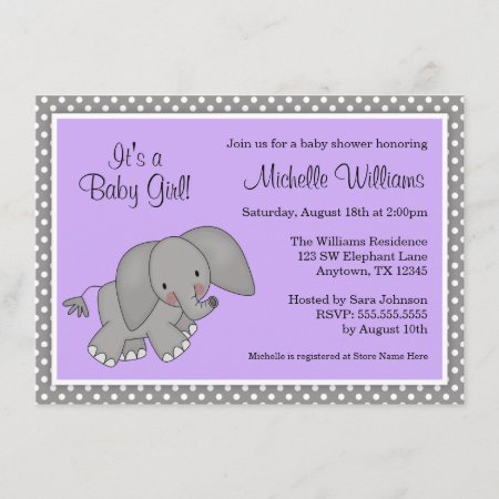 Cute Purple Elephant Girl Baby Shower Invitation