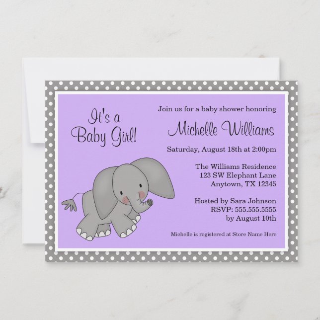 Cute Purple Elephant Girl Baby Shower Invitation (Front)