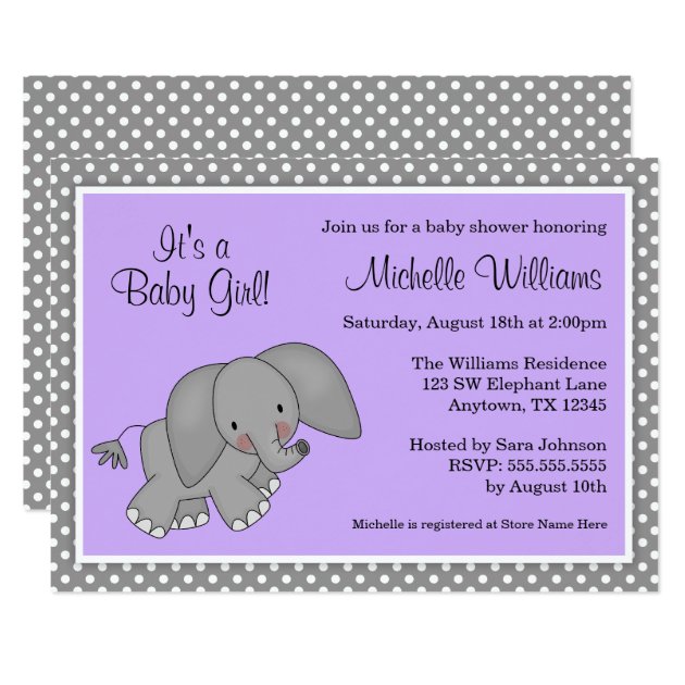 Cute Purple Elephant Girl Baby Shower Invitations