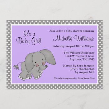 Cute Purple Elephant Girl Baby Shower Invitations by WhimsicalPrintStudio at Zazzle
