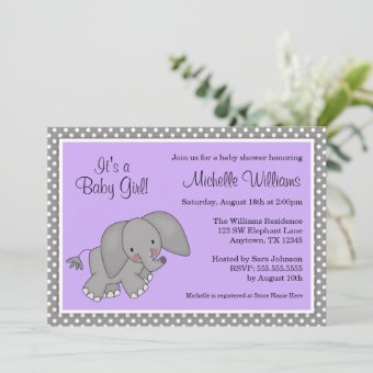 Cute Purple Elephant Girl Baby Shower Invitations | Zazzle