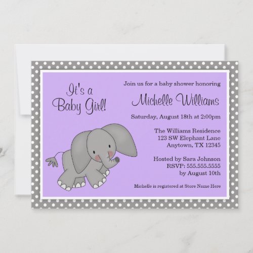 Cute Purple Elephant Girl Baby Shower Invitations