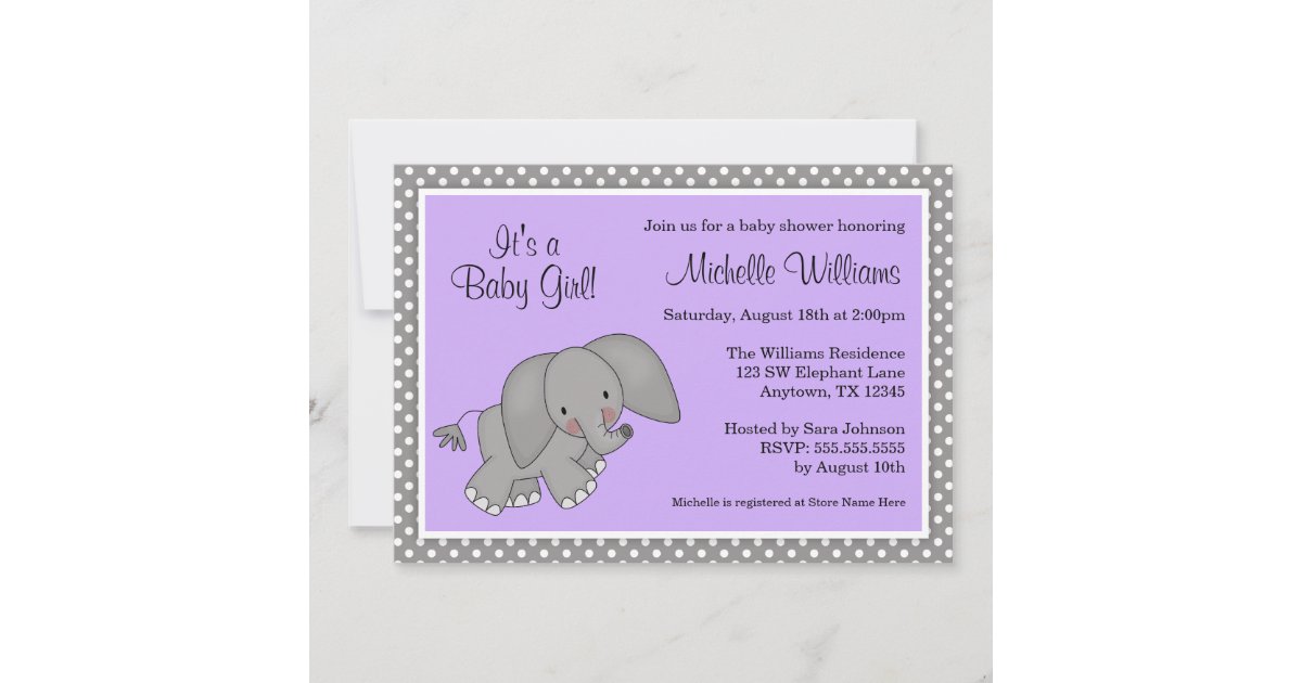 Cute Purple Elephant Girl Baby Shower Invitations | Zazzle