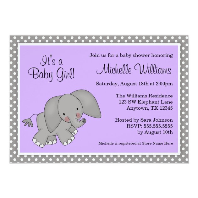 Cute Purple Elephant Girl Baby Shower Invitations