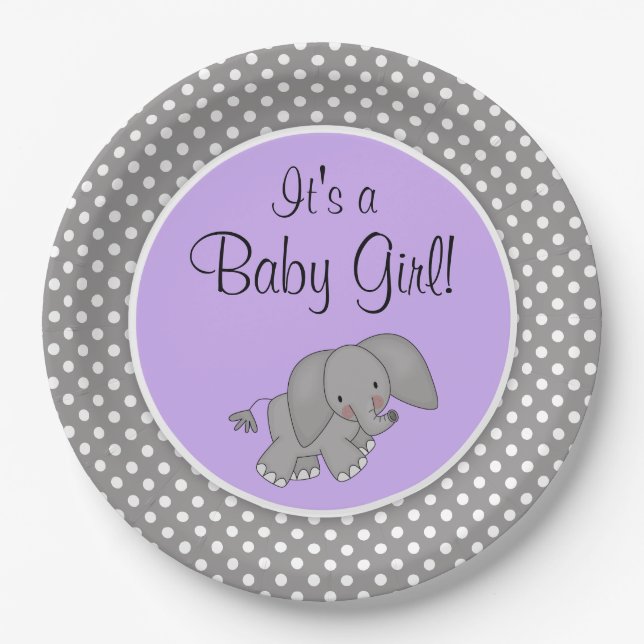 Cute Purple Elephant Girl Baby Shower Paper Plates (Front)
