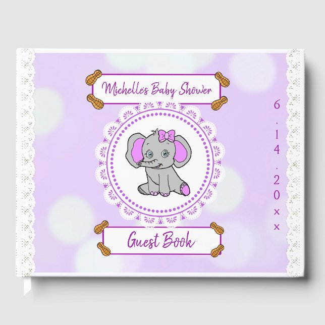 Cute Purple Elephant themed Girl's Baby Shower Guest Book (Front)