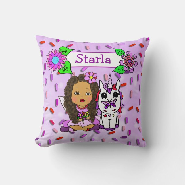 Cute Purple Fairy and Flowers Candy Sprinkles Throw Pillow (Front)