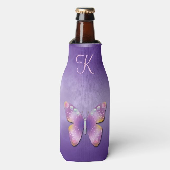 Cute Purple Fantasy Butterfly Monogram Bottle Cooler (Bottle Front)