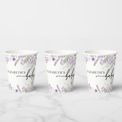 Cute Purple Floral Baby Shower Paper Cups