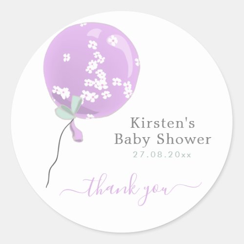 Cute Purple Floral Balloon _ Baby Shower Thank You Classic Round Sticker