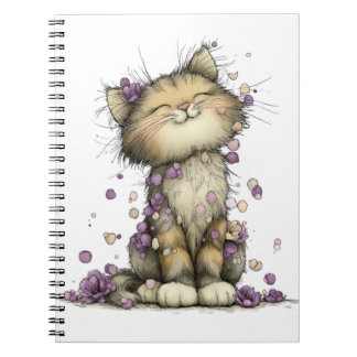 Cute Purple Floral Cat Spiral Notebook, Whimsical  Notebook