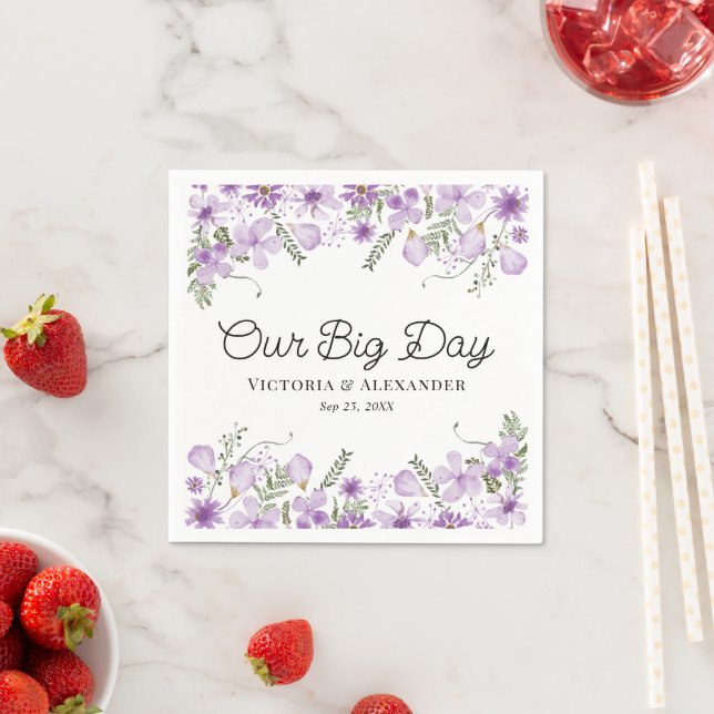 Cute Purple Floral Custom Message Wedding  Napkins (Insitu)