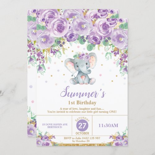 Cute Purple Floral Elephant 1st Birthday Girl Invitation