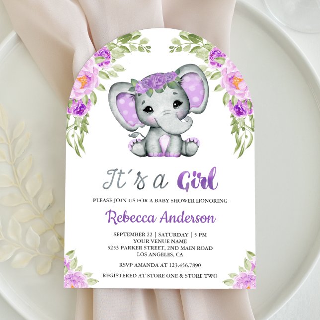 Cute Purple Floral Elephant Arch Baby Shower Invitation (Creator Uploaded)