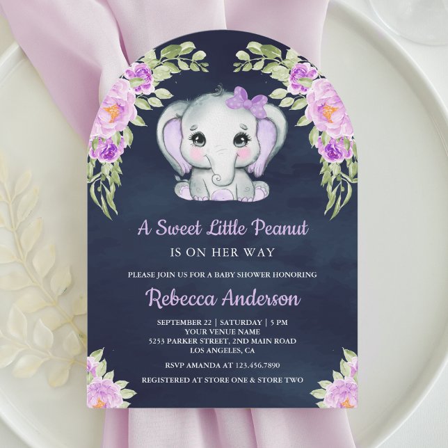 Cute Purple Floral Elephant Arch Navy Baby Shower Invitation (Creator Uploaded)