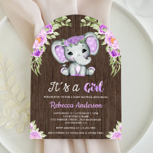 Cute Purple Floral Elephant Arch Wood Baby Shower Invitation