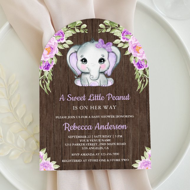 Cute Purple Floral Elephant Arch Wood Baby Shower Invitation (Creator Uploaded)