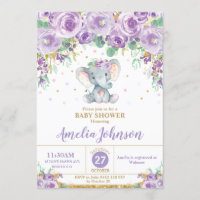 Cute Purple Floral Elephant Baby Shower Baby Girl Invitation