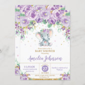 Cute Purple Floral Elephant Baby Shower Baby Girl Invitation (Front/Back)