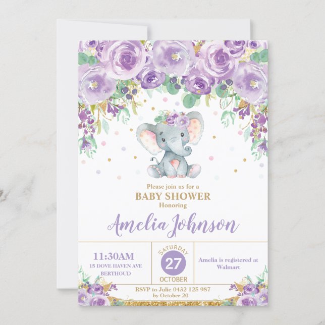 Cute Purple Floral Elephant Baby Shower Baby Girl Invitation (Front)