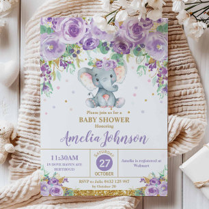 Cute Purple Floral Elephant Baby Shower Baby Girl Invitation