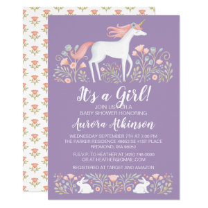 Cute Purple Floral Magical Unicorn Baby Shower Invitation