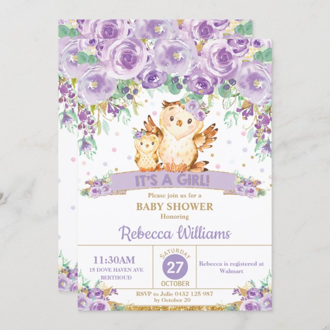 Cute Purple Floral Owl Baby Shower Baby Girl Invitation (Front/Back)