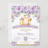 Cute Purple Floral Owl Baby Shower Baby Girl Invitation (Front)