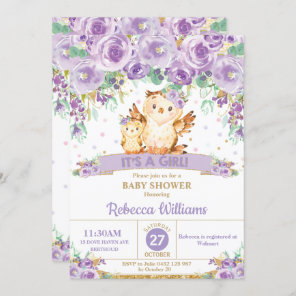 Cute Purple Floral Owl Baby Shower Baby Girl Invitation