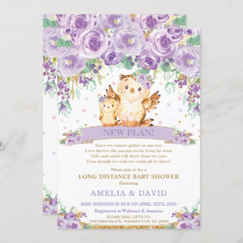 Cute Purple Floral Owl Baby Shower by Mail Invitation