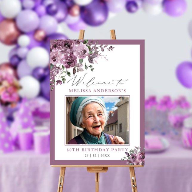 Cute Purple Floral Photo Any Age Birthday Welcome Foam Board (Creator Uploaded)