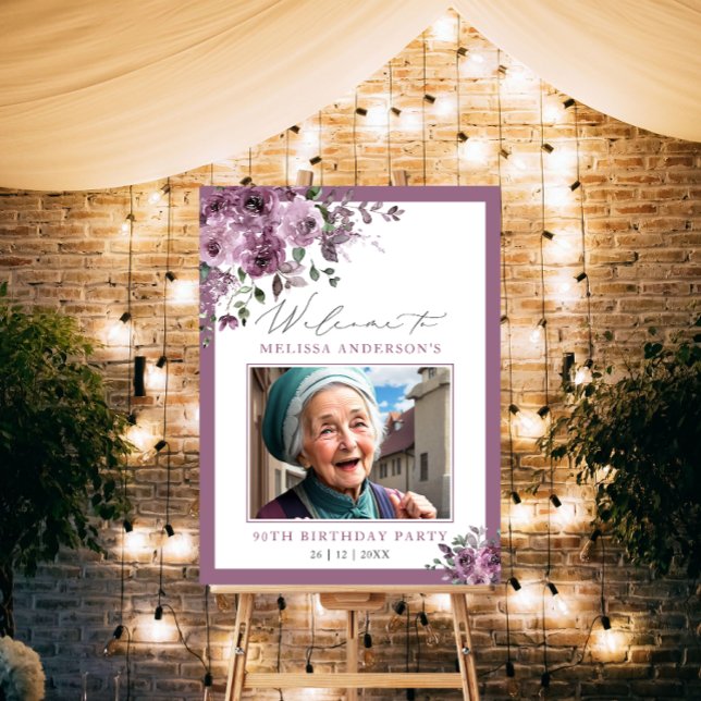 Cute Purple Floral Photo Any Age Birthday Welcome Foam Board (Creator Uploaded)