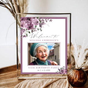 Cute Purple Floral Photo Any Age Birthday Welcome Poster