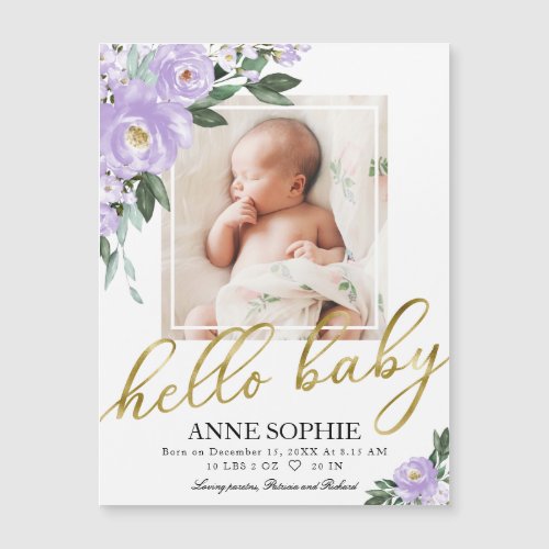 Cute Purple Floral Photo Birth Announcement Cards