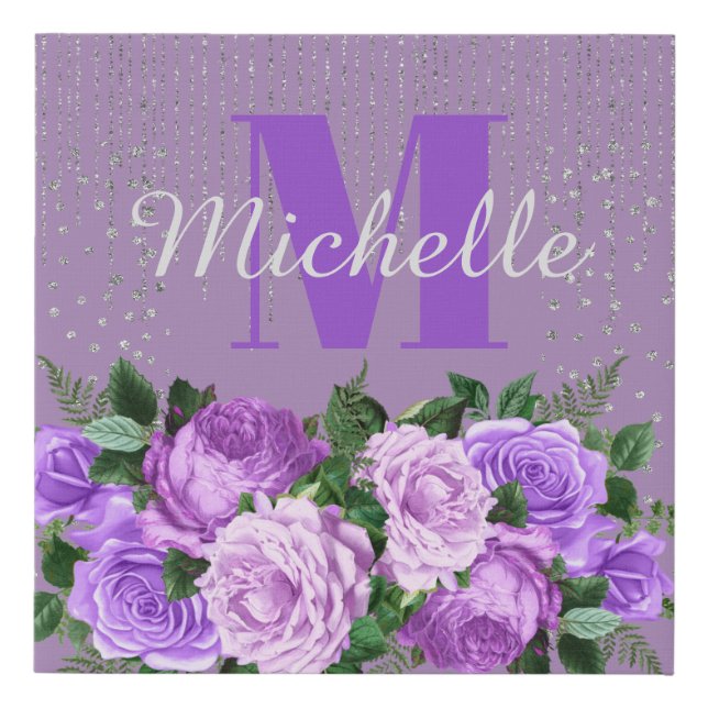Cute Purple Floral Silver Glitter Monogram  Faux Canvas Print (Front)