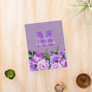 Cute Purple Floral Silver Glitter Monogram Mini Binder