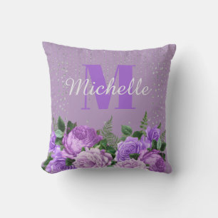 Cute Purple Floral Silver Glitter Monogram Outdoor Pillow