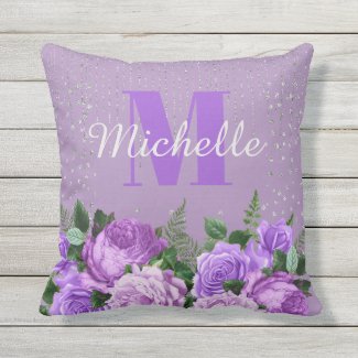 Cute Purple Floral Silver Glitter Monogram   Outdoor Pillow