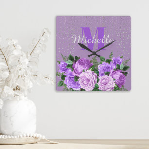 Cute Purple Floral Silver Glitter Monogram   Square Wall Clock