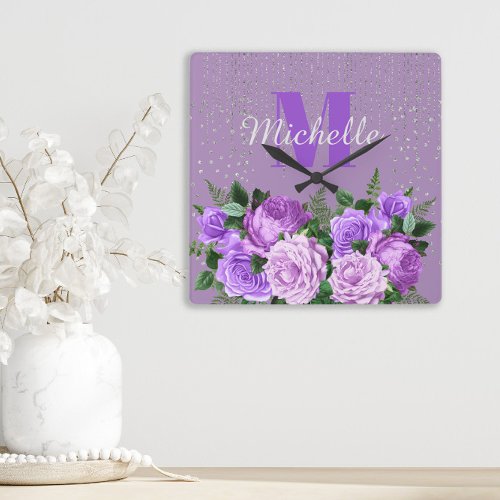 Cute Purple Floral Silver Glitter Monogram   Square Wall Clock