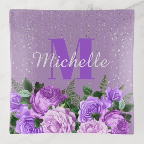 Cute Purple Floral Silver Glitter Monogram   Trinket Tray