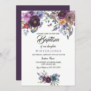 Cute Purple Floral Winter Baby Girl Baptism Invite