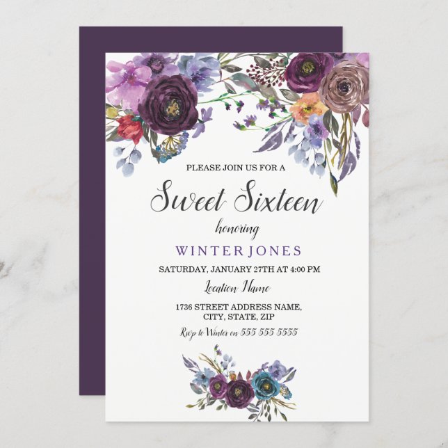Cute Purple Floral Winter Sweet Sixteen Invite (Front/Back)