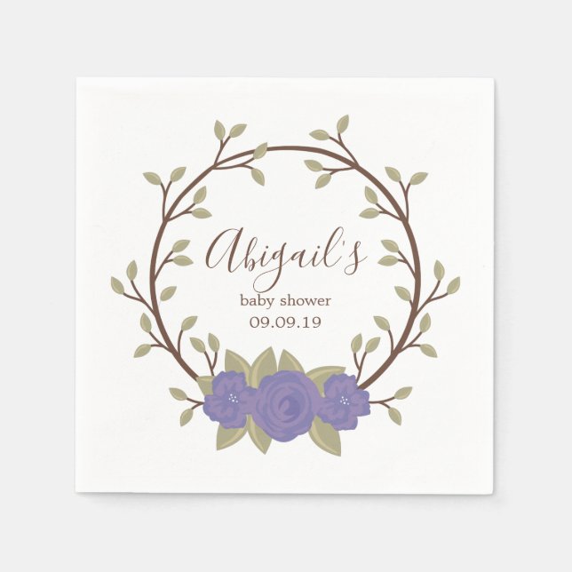 Cute Purple Floral Wreath Baby Shower Napkins (Front)