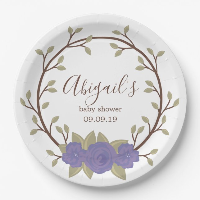 Cute Purple Floral Wreath Baby Shower Paper Plates (Front)
